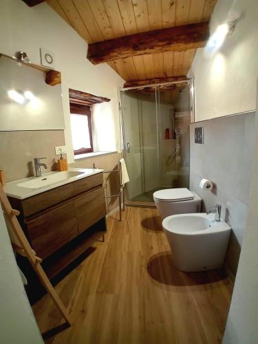 a bathroom with a sink and a toilet and a shower at Albergo Diffuso Montalbano Borgo Antico - La Casetta del Vento in Montalbano Elicona