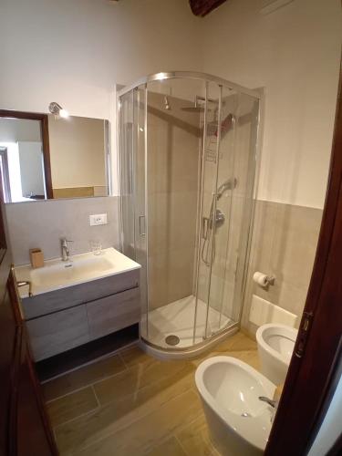 a bathroom with a shower and a sink and a toilet at Albergo Diffuso Montalbano Borgo Antico - La Casetta del Vento in Montalbano Elicona