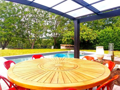 une table et des chaises en bois ainsi qu'une piscine dans l'établissement 