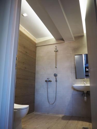 a bathroom with a shower and a toilet and a sink at Golden Sand Suites in Anavissos