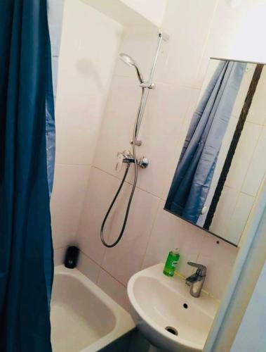 La petite salle de bains est pourvue d'une douche et d'un lavabo. dans l'établissement S2 Bel appartement 10min centre Paris stade de France, à Saint-Denis