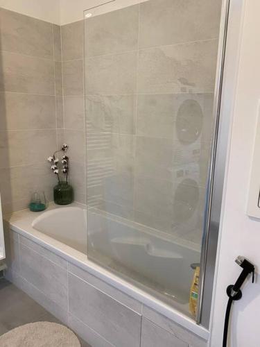 La salle de bains est pourvue d'une baignoire et d'une douche en verre. dans l'établissement Superbe appartement chic et calme, à Clamart