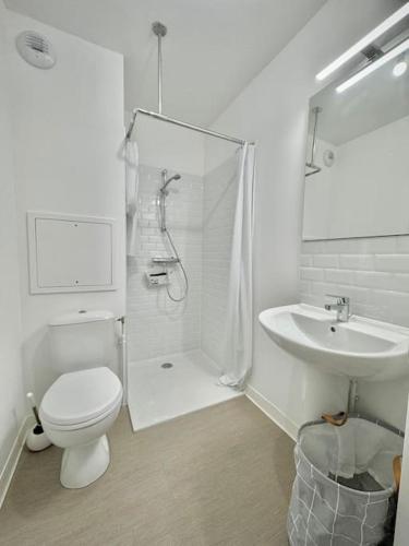 une salle de bain blanche avec des toilettes et un lavabo dans l'établissement Studio neuf en bord de Seine, à Rouen