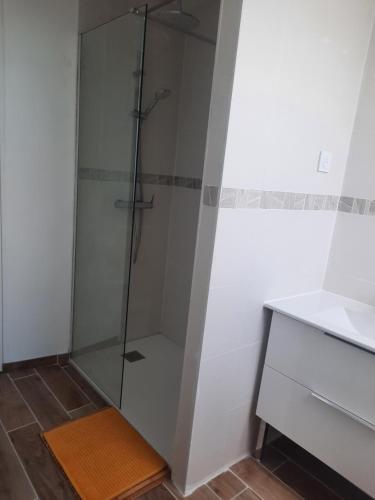 a shower with a glass door in a bathroom at Duplex avec vue sur mer-La Rose des Vents in Saint-Côme-de-Fresné