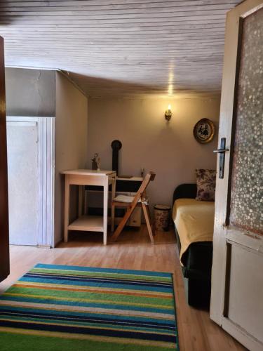 Cette chambre comprend un lit, un bureau et un tapis. dans l'établissement Garden Room, à Novi Sad