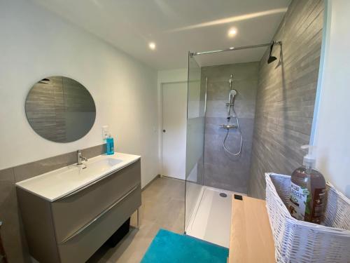 une salle de bain avec un lavabo et une douche dans l'établissement La maison de Cécile, à Vallières