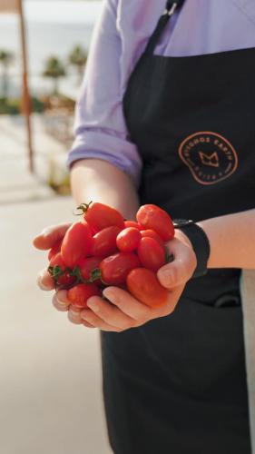 a woman holding a bunch of tomatoes in her hands at Mykonos Earth Suites in Mýkonos City