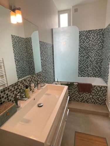 une salle de bain avec un lavabo et un grand miroir dans l'établissement Montmartre T2 - Proche Sacré Coeur, à Paris