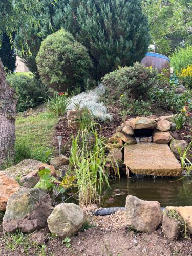 a garden with a pond and rocks and trees at Chata Michaela in Turnov