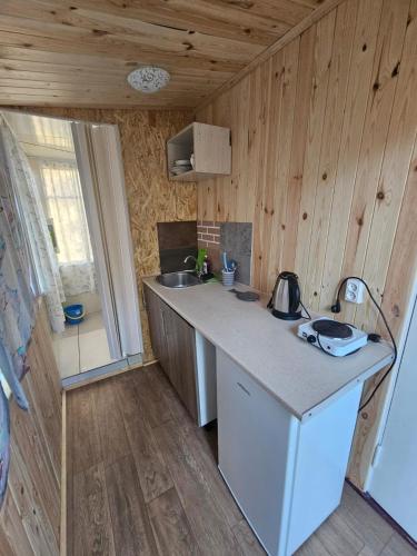 a kitchen with wooden walls and a counter with a sink at База відпочинку Енергія in Rudnya Peskovskaya