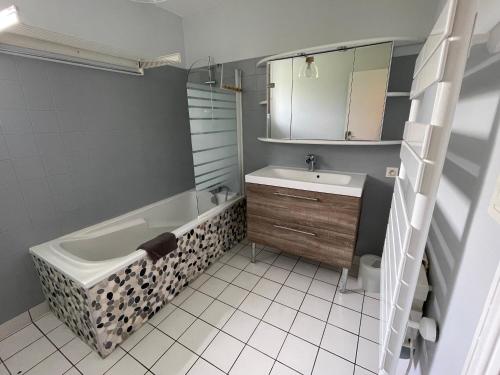a bathroom with a tub and a sink at Maison familiale domaine val Léose in Grand-Fougeray