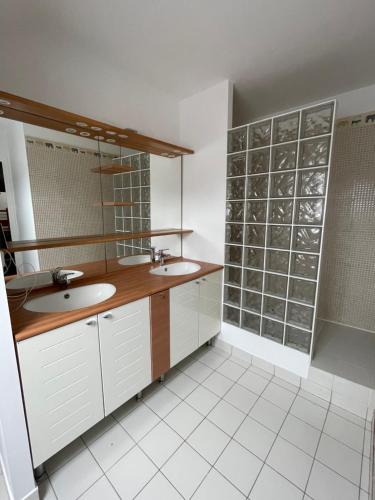 a bathroom with two sinks and a mirror at Maison familiale domaine val Léose in Grand-Fougeray