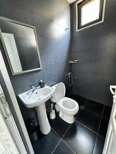 a bathroom with a sink and a toilet and a mirror at Hotel black sea in K'obulet'i