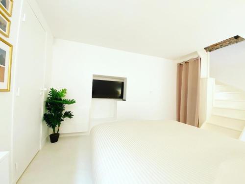 une chambre blanche avec un lit et une télévision dans l'établissement Appartement de standing a Paris - FLAT-GUEST, à Paris