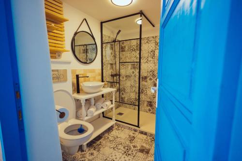 a bathroom with a toilet and a shower at Casa Ilinca in Jurilovca