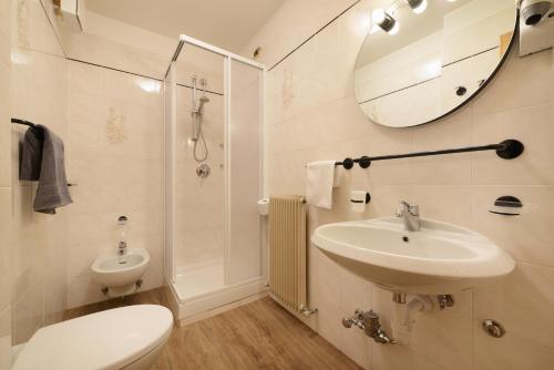 a bathroom with a sink and a toilet and a mirror at Baita La Fonte in Livigno