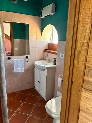 a bathroom with a sink and a toilet and a mirror at Cottage Apanu in Viterbo