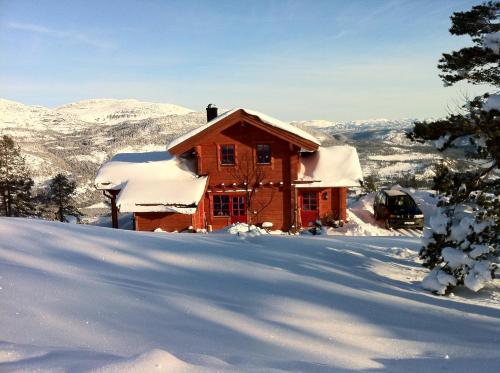 a log cabin in the snow in the mountains at Weitblicken - Cosy Holiday Home with stunning views in Vradal