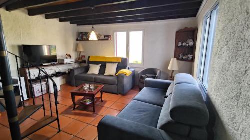 a living room with a couch and a tv at Quinta dos Cinco Sentidos in Feteira Grande
