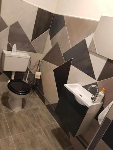 une salle de bain avec toilettes et lavabo dans l'établissement appartement avec jacuzzi, à Hargarten-aux-Mines