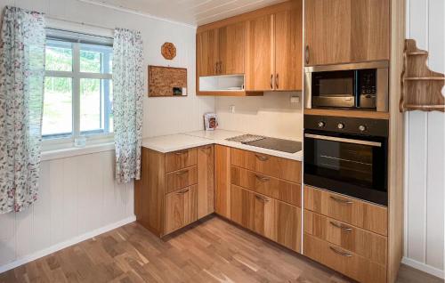 a kitchen with wooden cabinets and a window at Stunning Home In Vallavik With Wifi in Djønno