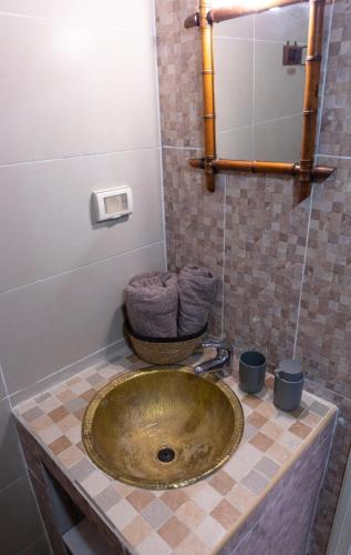a bathroom with a gold sink and a mirror at Riad Dar Maya in Nefta