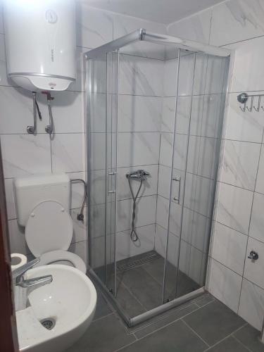 a bathroom with a shower with a toilet and a sink at Apartman Cicović in Foča