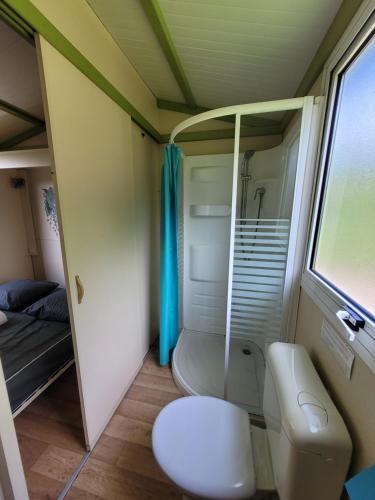 a small bathroom with a shower and a toilet at Camping les Hirondelles in Bourg-Sainte-Marie