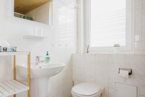 a white bathroom with a toilet and a sink at Ferienwohnung Emma in Güntersberge