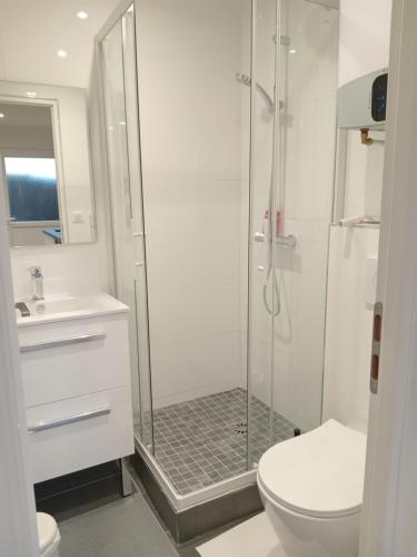 a bathroom with a shower and a toilet and a sink at Studio neuf joliment décoré à 5 min de l'aéroport in Athis-Mons