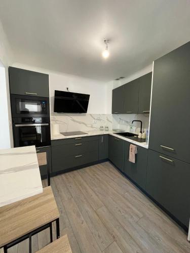 une cuisine avec des placards gris et des appareils blancs dans l'établissement Appartement Les Saintes, à Saintes-Maries-de-la-Mer