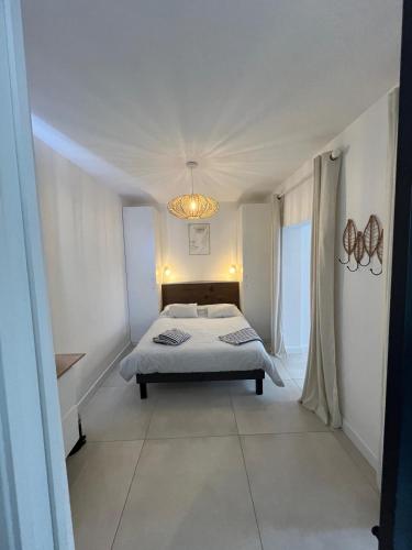 a bedroom with a bed and a chandelier at Maison rouge in Millau