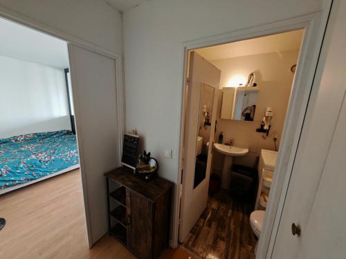 une salle de bain avec un lit, un lavabo et un miroir dans l'établissement Appartement lumineux proche de la ligne 14, à Paris