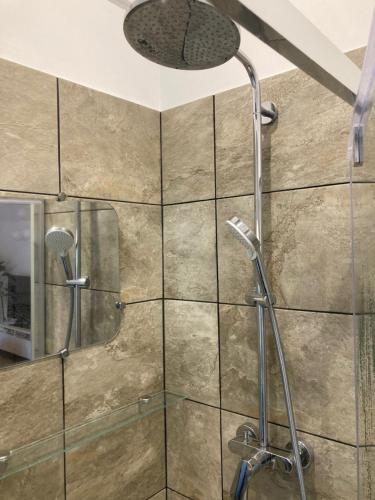 une douche avec une porte vitrée dans une salle de bain dans l'établissement Le mazet des 3 piliers, à Nîmes