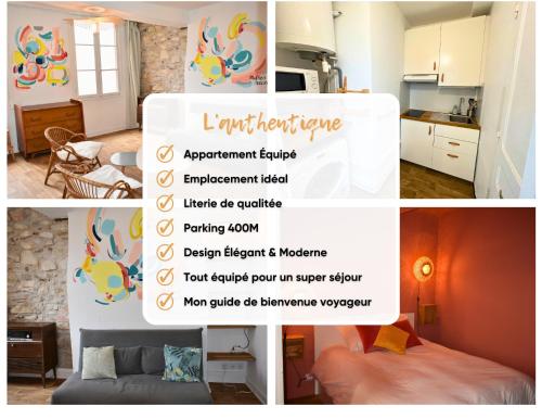 un collage de photos d'une cuisine et d'une chambre dans l'établissement L'authentique - Centre - Calme - Équipé - Basque, à Bayonne