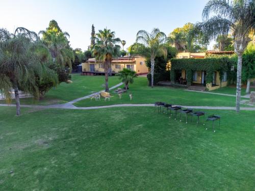 an aerial view of a park with benches and palm trees at Sunriver Kalahari Lodge Riverside stay in Upington in Upington