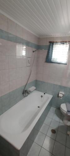 a bathroom with a bath tub and a toilet at Hector's Studios in Alikanas