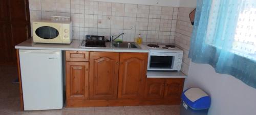a small kitchen with a sink and a microwave at Hector's Studios in Alikanas