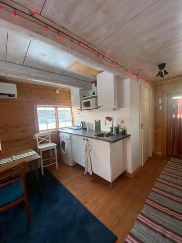 a kitchen with a counter and a sink in a room at Cabin in the coast of Sweden in Hudiksvall