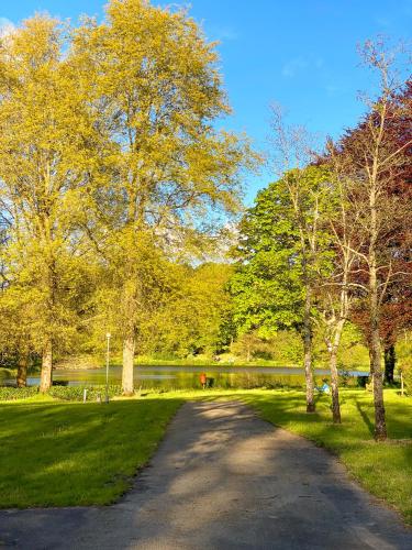 une route dans un parc avec des arbres et un lac dans l'établissement Chalet insolite pour 2 au coeur de la Bretagne, à Saint-Jacut-les-Pins