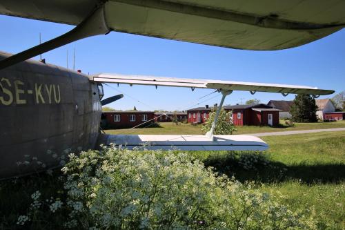 a close up of the wing of an airplane in a field at STF Bunge Hostel in Fårösund