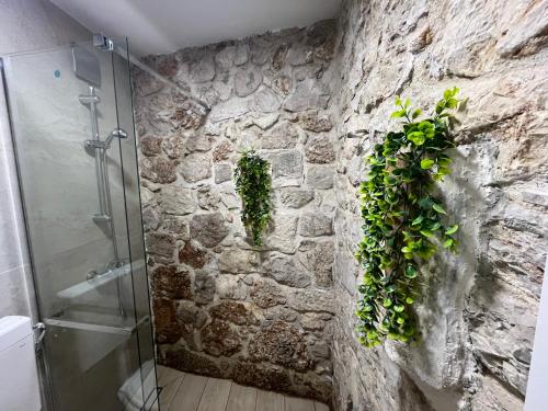 a bathroom with a stone wall with plants on the wall at Villa de Blue 3 in Bol