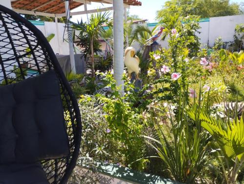 a bird standing in a garden with flowers at Pousada Tycoz Flor do mar in Galinhos