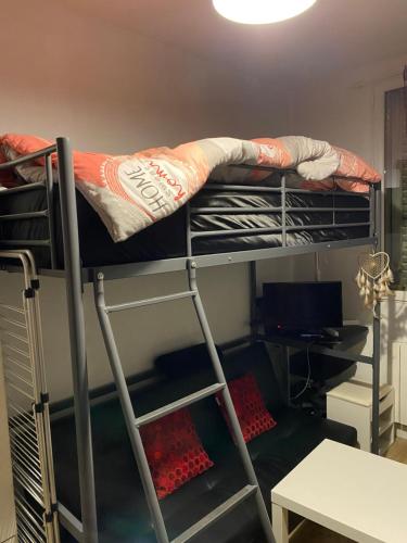 Ce dortoir comprend 2 lits superposés et une table. dans l'établissement Petit Nid à Paris, à Paris