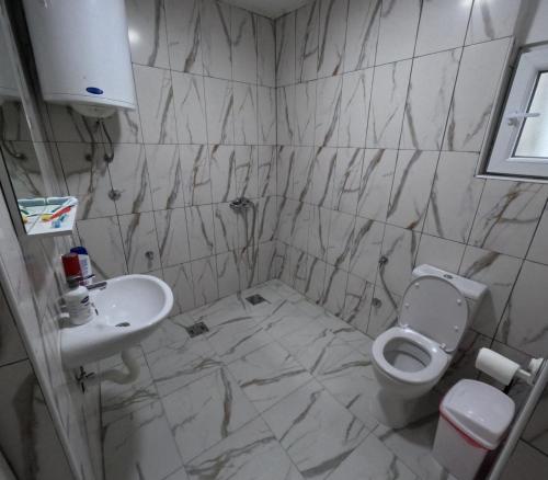 a bathroom with a toilet and a sink at Apartmani Stanić in Sutomore