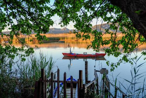 a red boat sitting on the water in a lake at Amazing beach apartment in Cullera