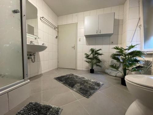 bagno con lavandino, servizi igienici e piante di Ferienhaus Moselgasse a Zell an der Mosel