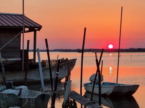 two boats are docked at a dock at sunset at Green oasis close to the center in Rosolina Mare