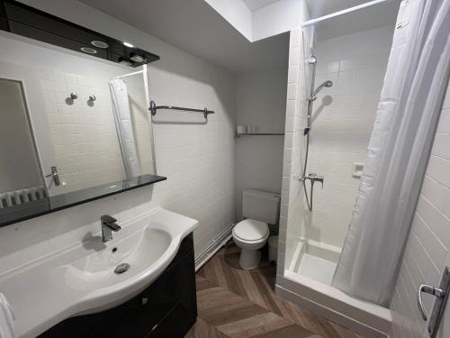 une salle de bain blanche avec un lavabo et des toilettes dans l'établissement Altitude Location Montagne Appartement 45, à La Bourboule