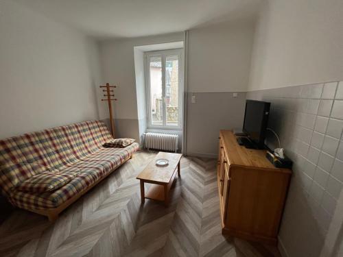 un salon avec un canapé et une télévision dans l'établissement Altitude Location Montagne Appartement 45, à La Bourboule